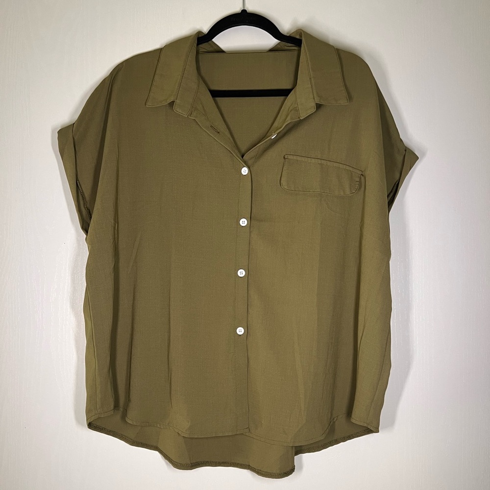 Army Green Button Down High Low Blouse
